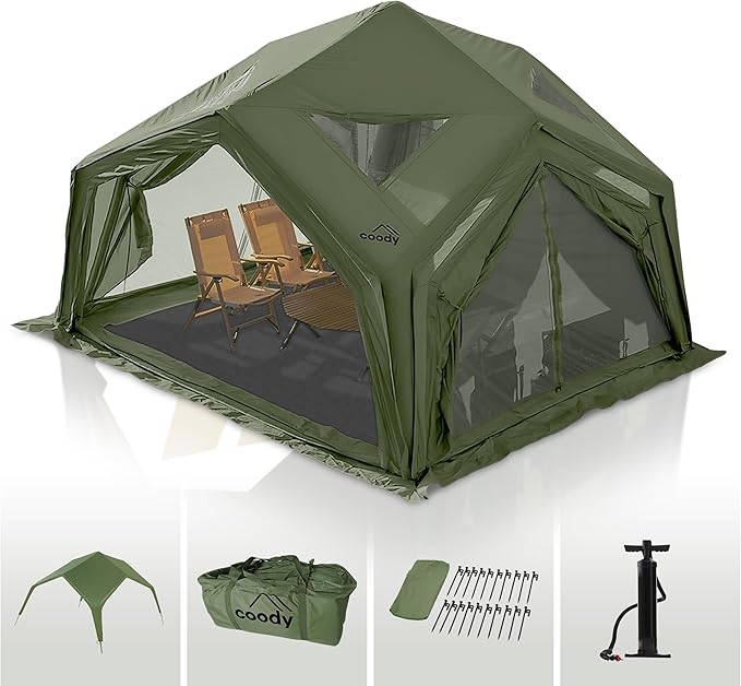 Coody Inflatable Canvas Camping Tents with Stove Jack – Premium Air Beam Family Glamping Tent, Breathable Cotton Canvas, Fast Setup Air Tent with Pump