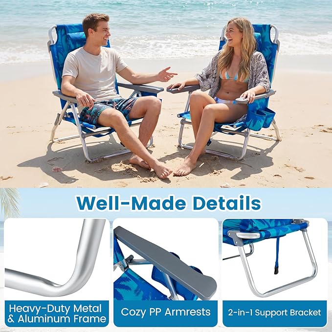 Goplus Beach Chair, Folding Backpack Beach Chairs for Adults with 5 Positions, Head Pillow, Cooler Bag, Towel Bar, Cup Holders, Sunbath Sling Tanning Lounge, Foldable Layout Camping Chairs