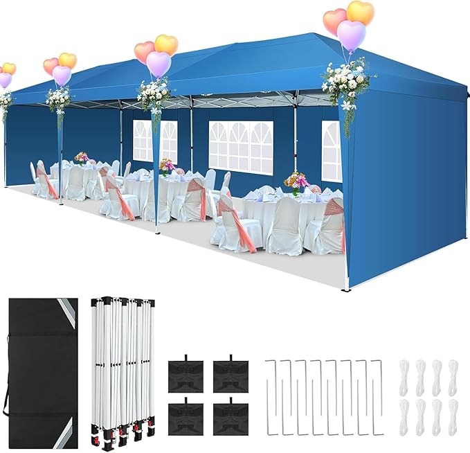 COBIZI 10x30 Pop Up Canopy Tent with 5 Sidewalls Party Tents for Parties Wedding Backyard Waterproof Outdoor Commercial Canopy Event with Sandbags, Blue