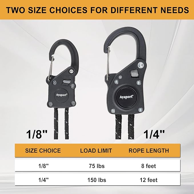 Ayaport Rope Tie Down Ratchet with Carabiner Clip 1/4" x 12' Rope Cord Tightener Heavy Duty Construction Kayak tie Downs for Tent, Tarp, Camping