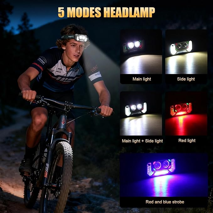 LED Headlamp Lightweight with Red Light Motion Sensor, 5 Modes USB-C Rechargeable, 6-Hour Runtime, Waterproof Headlight for Camping, Running, Fishing, Work, and Emergencies, 3 Pack