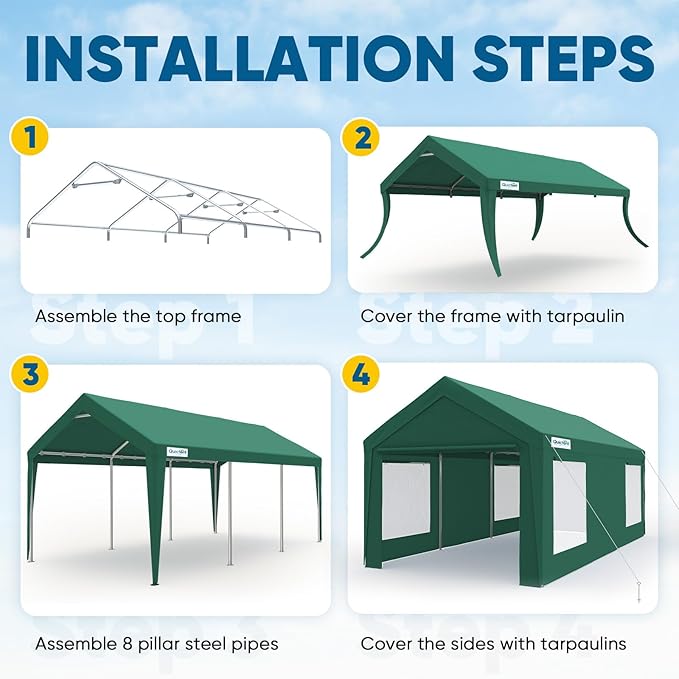 Quictent Upgraded 10x20 ft Heavy Duty Galvanized Carport - Reinforced Outdoor Garage Canopy Tent with Roll-up Ventilated Windows & Sidewalls, Weatherproof Shelter for Car, Boat, RV - Green