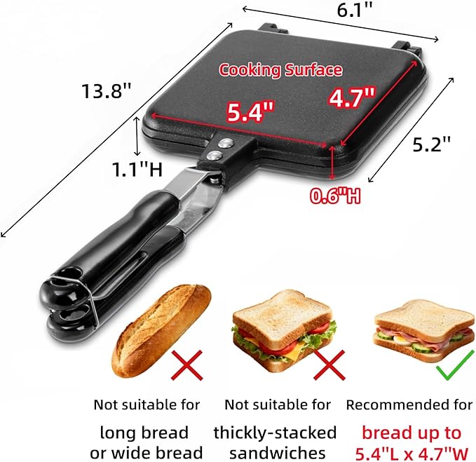 Hot Sandwich Maker, Grilled Sandwich Toaster for Small Bread Pancake, Double Sided Non-Stick Frying Pan, Stovetop Sandwich Grill Press Flip Pan for Camping Kitchen (Inside 5.4" L x 4.7" W)