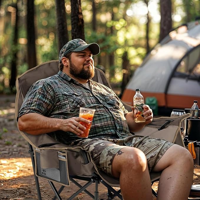 Overmont Oversized XL Camping Chair for Adults - 400lbs Support Heavy-Duty Padded Folding Chair with Side Pocket Cup Holder Cooling Bag for Outdoor Sports Garden Beach Fishing Lawn - Khaki