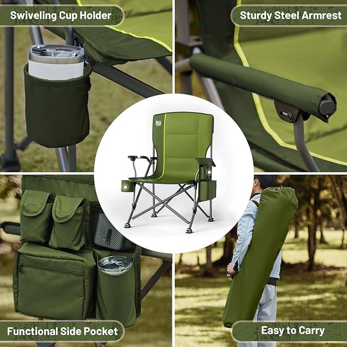 Timber Ridge 500lbs Oversized Folding Camping Chair, Heavy Duty Lawn Chair for Adults, Portable Collapsible High Back Chair with Cup Holder, Side Pocket Cooler Bag, for Outdoor, Sports, Green