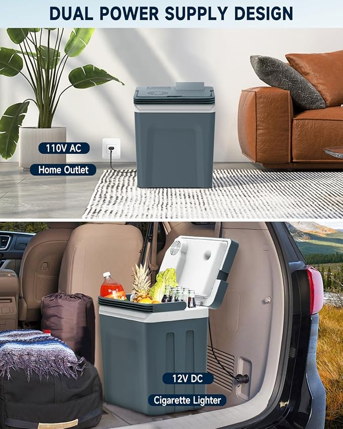 SubSun Electric Cooler and Warmer with Handle，27 Quart (25 L) Portable Thermoelectric Fridge， Car Fridge Cooler with 12V DC & 110 AC for Camping, Travel & Picnics,Grey