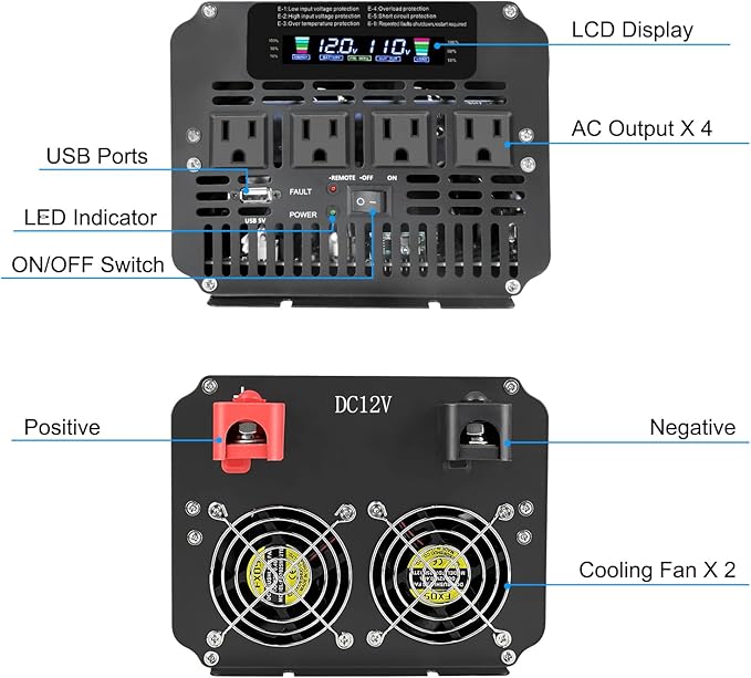LVYUAN 3000 Watt Power Inverter 12V to 110V 120V DC to AC with 4 AC Outlets, LCD Display, USB Port & Remote Control for Home, RV, Vehicle, Truck, Off-Grid Solar System, Heavy Duty Outdoor Camping