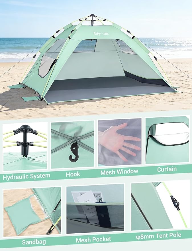 Glymnis Pop Up Beach Tent Sun Shade Shelter for 3-4 Person with UPF 50+, Lightweight & Easy Setup, Vent Windows & Zippered Door, Extended Floor Family Instant Beach Tent