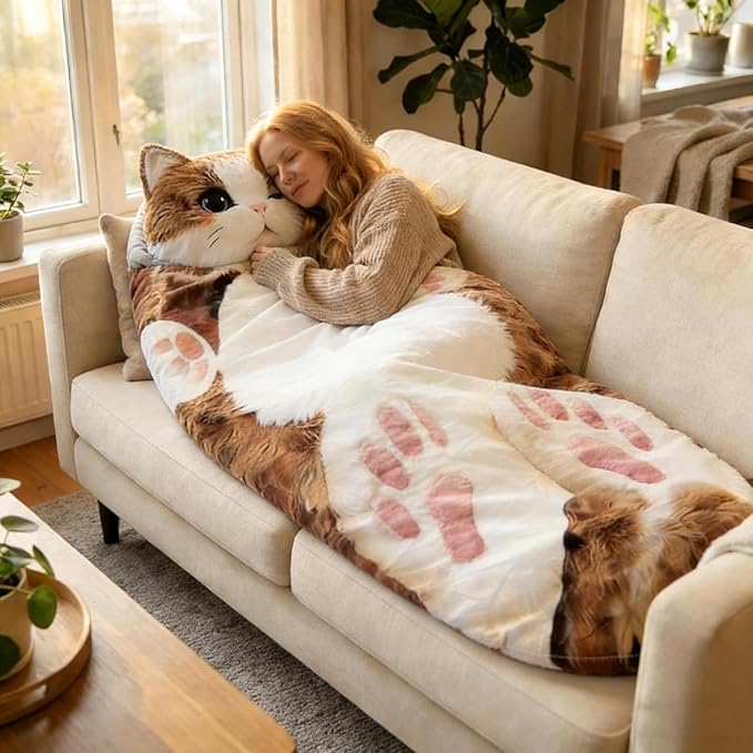 Fluffy Cat Sleeping Bag for Adults, Soft 68.9×31.5 Inch Adorable Envelope Sleeping Bag, Washable Warm Blanket for Camping and Home Lounging