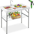 Giantex Fish Cleaning Table w/ 2 Sinks, Faucet, Hose Hook Up, Portable Folding Camping Table w/Measure Mark, Outdoor Fillet Cleaning Station for Fishing Beach Picnic (with Sprayer & Storage Shelf)