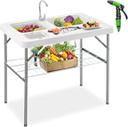 Giantex Fish Cleaning Table w/ 2 Sinks, Faucet, Hose Hook Up, Portable Folding Camping Table w/Measure Mark, Outdoor Fillet Cleaning Station for Fishing Beach Picnic (with Sprayer & Storage Shelf)