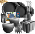 Teivio 32-Piece With Flatware Kitchen Plastic Wheat Straw Dinnerware Set, Service for 8, Dinner Plates, Dessert Plate, Cereal Bowls, Cups, Unbreakable Plastic Outdoor Camping Dishes, Gray Ombre