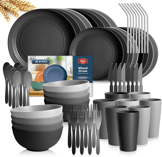 Teivio 32-Piece With Flatware Kitchen Plastic Wheat Straw Dinnerware Set, Service for 8, Dinner Plates, Dessert Plate, Cereal Bowls, Cups, Unbreakable Plastic Outdoor Camping Dishes, Gray Ombre