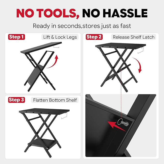 Folding Grill Table, Pizza Oven Table & Portable Table with Bottom Shelf, Tool Hooks, Trash Bag Holder & Paper Towel Rack, Grill Stand for Pizza Oven & Tabletop Griddle, BBQ & Tailgating, Black