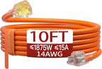 10 FT 14/3 Extension Cord Outdoor, Heavy Duty Weatherproof & Flame Retardant Orange 3 Prong Power Cord with Light, Outside for Lawn & Garden, 15 Amps 1875 Watts 125 VAC 14AWG SJTW, ETL Listed