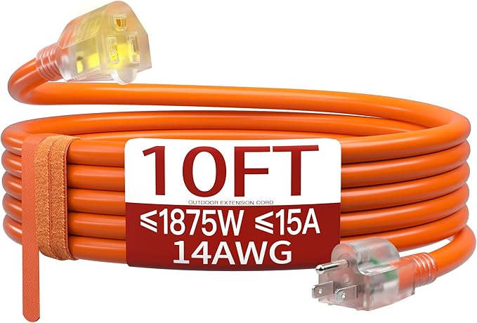 10 FT 14/3 Extension Cord Outdoor, Heavy Duty Weatherproof & Flame Retardant Orange 3 Prong Power Cord with Light, Outside for Lawn & Garden, 15 Amps 1875 Watts 125 VAC 14AWG SJTW, ETL Listed