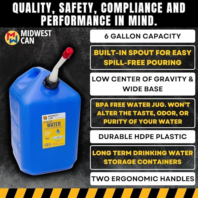 Midwest Can 6700 BPA Free Water Containers with Spout and Dual Handles - 6 Gallon Capacity Water Storage Containers for Long Term or Camping - 1 Pack