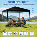 Yesker 10x10 Pop Up Canopy Tent UPF 50+ Waterproof Outdoor Canopy Portable Folding Easy Setup Gazebo Adjustable Height Instant Sun Shade Tent with Wheeled Bag for Events Parties Camping Patio, Black