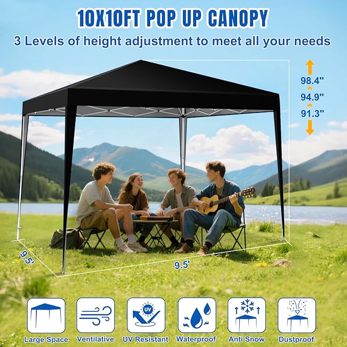 Yesker 10x10 Pop Up Canopy Tent UPF 50+ Waterproof Outdoor Canopy Portable Folding Easy Setup Gazebo Adjustable Height Instant Sun Shade Tent with Wheeled Bag for Events Parties Camping Patio, Black