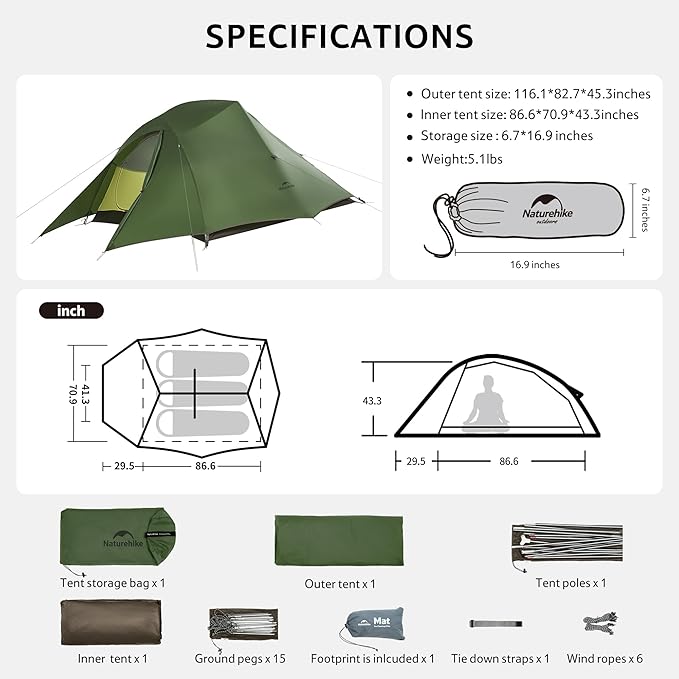 Naturehike Cloud Up 3 Person Backpacking Tent with Footprint - 3 Season Free Standing Lightweight 3 Person Camping Tent | with Footprint, Free Standing, Dome, Camping, Hiking, Waterproof
