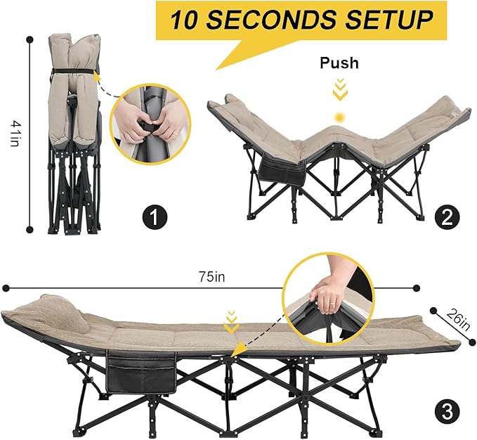 ATORPOK Camping Cot for Adults with Cushion and Pillow, Portable Folding Bed for Sleeping, Lightweight Tent cot with Carry Bag Supports 450 lbs (Khaki)