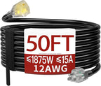 50 FT 12 Gauge Extension Cord Outdoor, Heavy Duty Weatherproof & Flame Retardant Black 3 Prong Power Cord with Light, Outside for Lawn & Garden, 15 Amps 1875 Watts 125 VAC 12AWG SJTW, ETL Listed