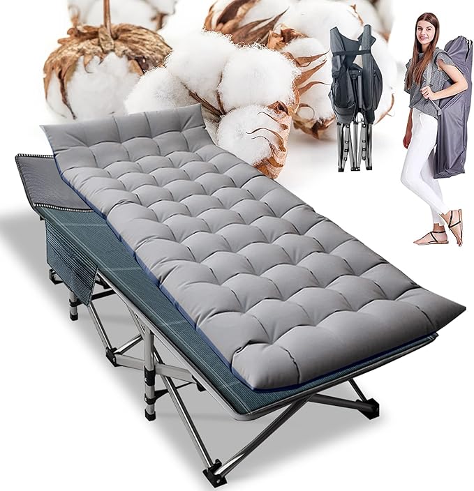 ABORON Folding Camping Cot W/Mat for Adults, Heavy Duty Outdoor Bed with Carry Bag,1200 D Layer Oxford Travel Camp Cots