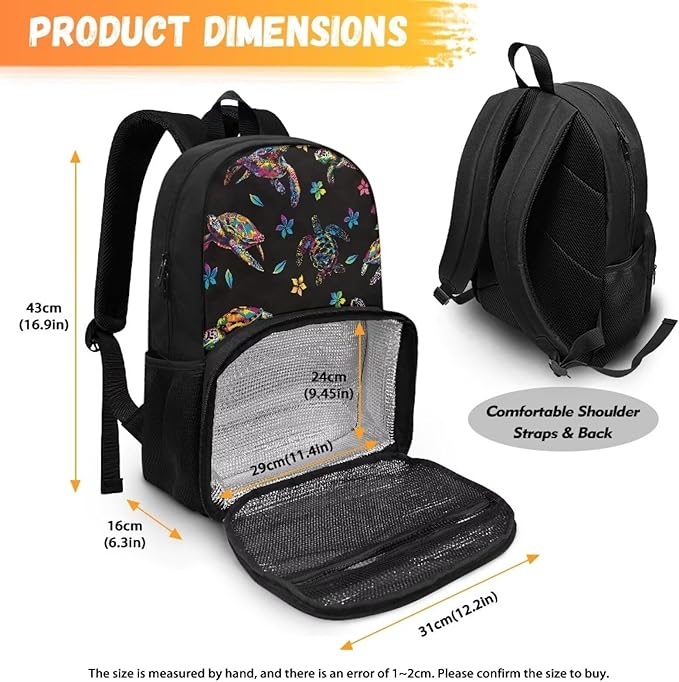 School Bags for Adults Kids, Insulated Cooler Lunch Box Backpack for Middle High School Student, Men Women Office Travel Pianic Hiking Dayback, Sea Turtle Flowers