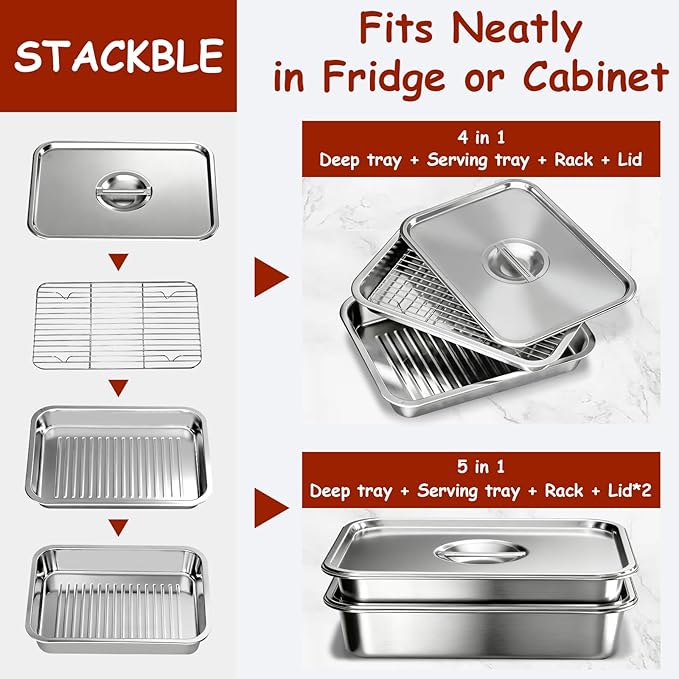 Stainless Steel Grill Prep & Serve Tray Set with Lids – Grill Carry System for Large Food Prep, Marinating Containers, Oven Roasting, and Serving (Grill Prep & Serve Tray Set #1)