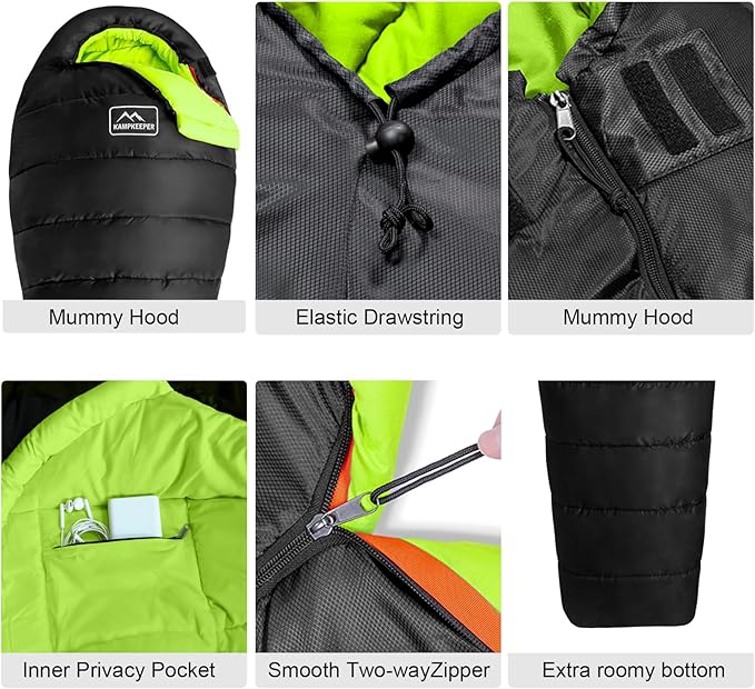 KAMPKEEPER Mummy Sleeping Bag, Cold Weather Camping Sleeping Bag, 32℉ 3-4 Seasons Adults Sleeping Bag, Non-Snag Zipper with Adjustable Hood for Backpacking, Hiking