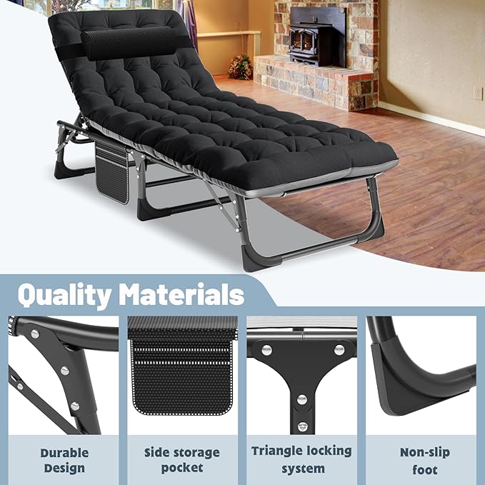 Slsy Sleeping Cots for Adults, 5-Position Folding Chaise Lounge Chairs Outdoor, Portable Folding Bed Cot Lounge Chair for Beach Lawn Camping Pool Sun Tanning