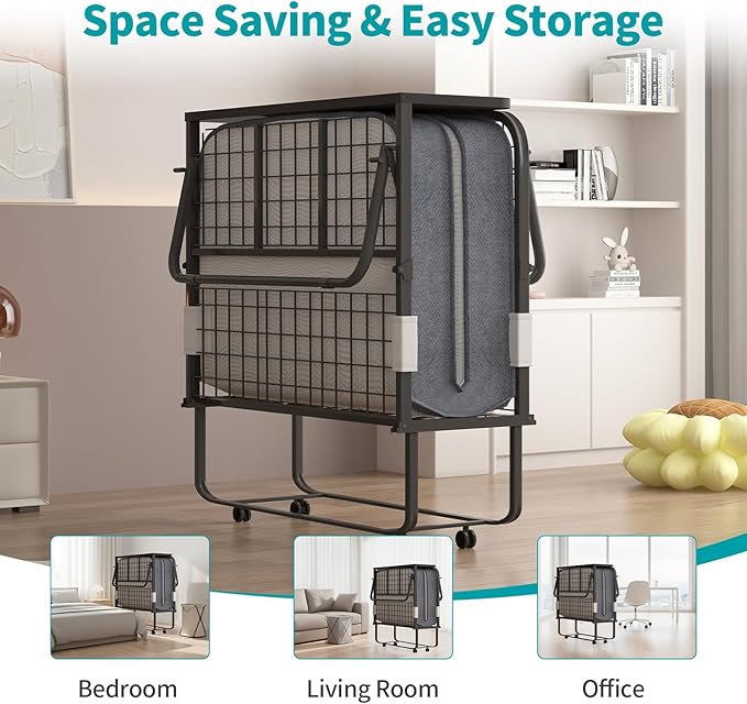 BALUS Folding Bed with Mattress, 75" x 31" Rollaway Bed with Headborad & Dustproof Bag, Portable Fold Up Beds with 5" Rebound Mattress, 2 Locking Caster Foldable Twin Frame for Bedroom/Office（Upgrade）