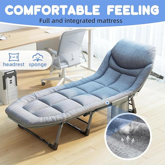 6 Angle Adjustable Folding Cot Bed Chaise Lounge Chair Heavy Duty Portable with Mattress and Pillow for Camping Office Nap Patio Indoor Home Comfortable Lay Flat Reclining Foldable（66IN）