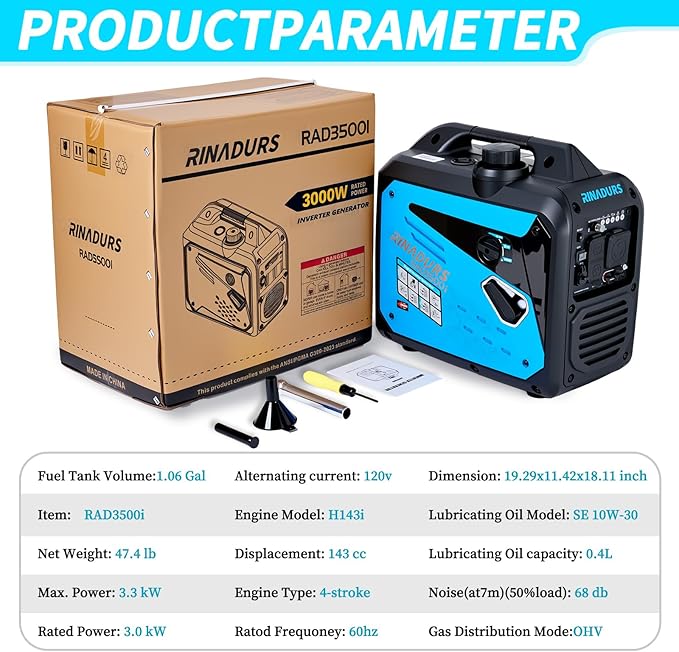 3500 Watt inverter generator, quiet and portable, suitable for home backup power, outdoor camping, and construction sites.EPA Compliant