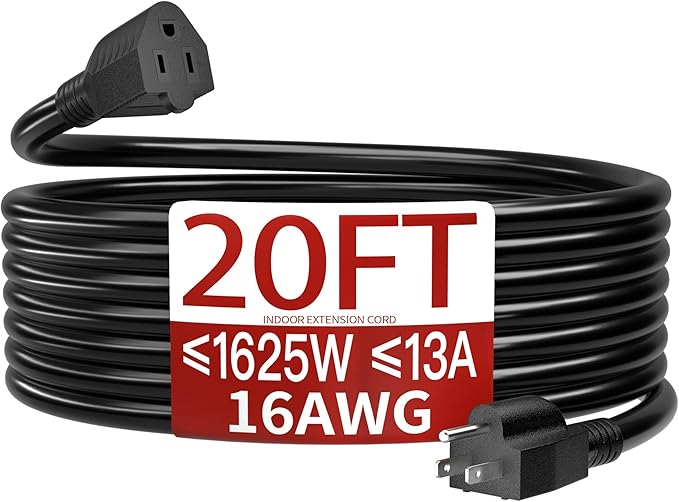 16/3 Black Extension Cord 20 FT, Indoor Extension Cord Flexible & Durable, 3 Prong Power Cable, Suitable for Home and Office, 13 Amp 1625 Watt 125VAC 16AWG, ETL Listed