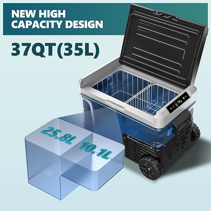 EUHOMY 12 Volt Refrigerator, 37QT(35L) Electric Cooler, Portable Freezer 12V/24V DC 100-240V AC, 12V Fridge -4℉~68℉, 12V Cooler with Wheels & 2 Baskets for Travel, Truck, Boat, Camping