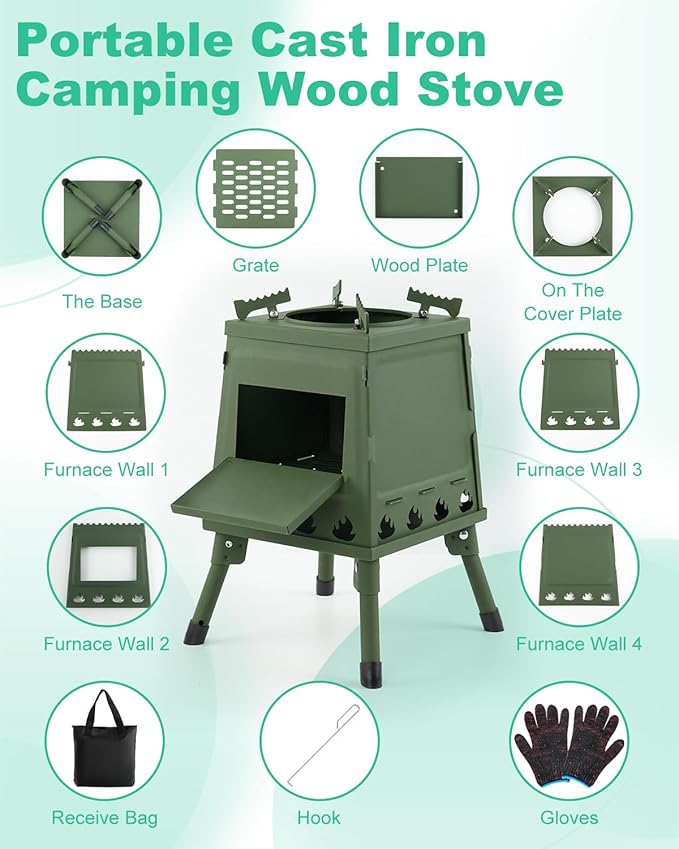 Portable Wood Burning Stove - Lightweight Cast Iron Camp Stove for Backpacking，Portable and Easy-To-Assemble Backpacking Camping Stove Kit (Green, Small)