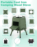 Portable Wood Burning Stove - Lightweight Cast Iron Camp Stove for Backpacking，Portable and Easy-To-Assemble Backpacking Camping Stove Kit (Green, Small)
