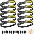 10Pack LED Headlamp Rechargeable with 3 Led Strip, 230° Wide Beam Head Lamp for Forehead, 6Mode Hard Hat Light for Adults, Flashlight for Work, Hiking, Running, Camping Essentials Gear