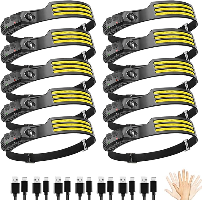 10Pack LED Headlamp Rechargeable with 3 Led Strip, 230° Wide Beam Head Lamp for Forehead, 6Mode Hard Hat Light for Adults, Flashlight for Work, Hiking, Running, Camping Essentials Gear