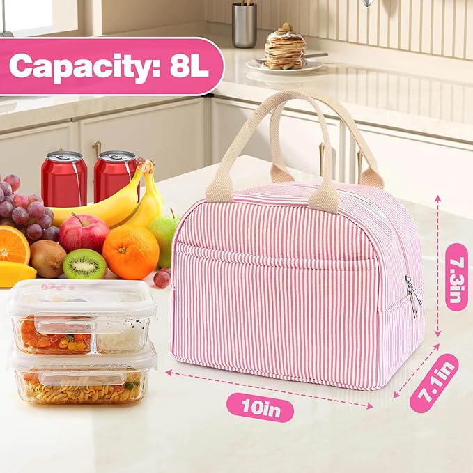 Lunch Bag For Women, Cooler Insulated Lunch Box For Travel Work Picnic College School Adult Large Capacity Lunch Bags, Pink Stripe