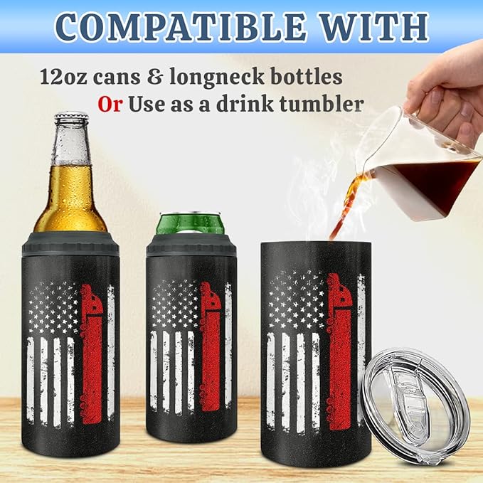 winorax Truck Driver Gifts Trucker Tumbler 4-in-1 Can Cooler American Flag Design 12oz Stainless Steel Insulated Tumblers Coffee Travel Mug Cup With Lid For Dad Truck Lovers Drivers Truckers Driver