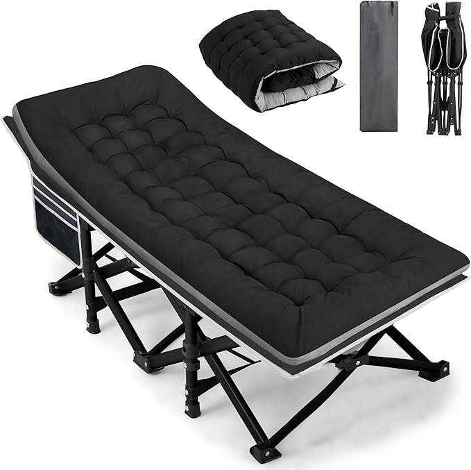 Portable Camping Cot, Sleeping Cots for Adults, 28" Extra Wide Heavy Duty Folding Cot Max Load 600LBS with Thick Mattress, Portable Camping Bed for Outdoor Camp/Office, Home Nap (Black)