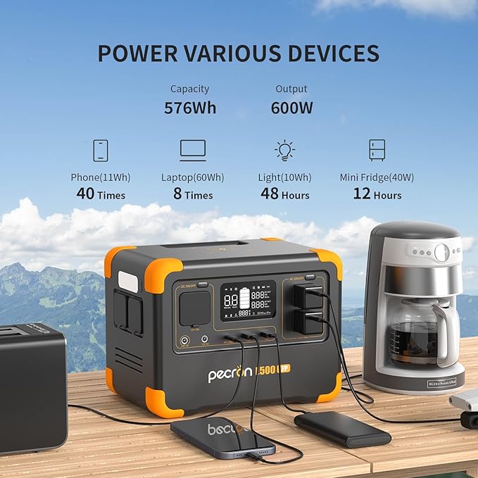 PECRON E500LFP Solar Generator with 100W Solar Panel, 576Wh Portable Power Station, 600W LiFePO4 Battery Backup, Fast Charging Solar Generator for Home Use, RV, Camping, CPAP, Emergencies