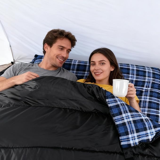 Double Sleeping Bag Cotton Flannel for Camping, Backpacking Or Hiking. Queen Size 2 Person Waterproof Sleeping Bag for Adults Or Teens. Lightweight with Compression Sack
