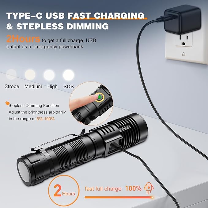 Hoxida Small Tactical Flashlights High Lumens - 1500 Meters Long Beam Super Bright LED Magnetic Flashlight USB Rechargeable Zoomable 5Modes Long Beam Spotlight Flashlight for Hiking, Camping, 1pcs