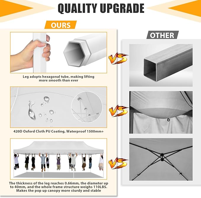 HOTEEL 10x30 Heavy Duty Pop Up Canopy Tent for Parties Event Wedding Commercial Instant Canopy with Wheeled Bag, Party Tent Waterproof UV 50+&Windproof, Upgraded Thick Hexagonal Legs, White