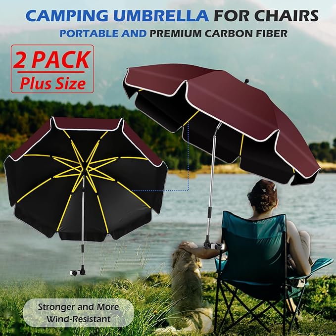 2Pack 48.8 inch Large Beach Umbrella with Clamp Sun Shade for Beach Chair, 360°Adjustable UV Protection Golf Umbrella with Clip for Stroller Wheelchair Camping Chair