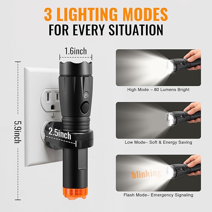 4 in 1 Plug in Emergency Flashlight Rechargeable LED Night Light with Motion Sensor for Power Outage Home Safety Portable Work Light Removable Torch for Camping and Indoor Use (3 Pack)