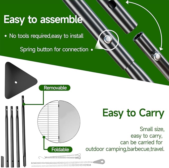 Campfire Tripod for Cooking, Portable & Collapsible Camping Cooking Tripod Grill with Round Grate for BBQ Picnic Outdoor Cookware Party